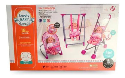 Set Infantil Coche Hamaca Silla Para Muñecas 3 Piezas Rosa