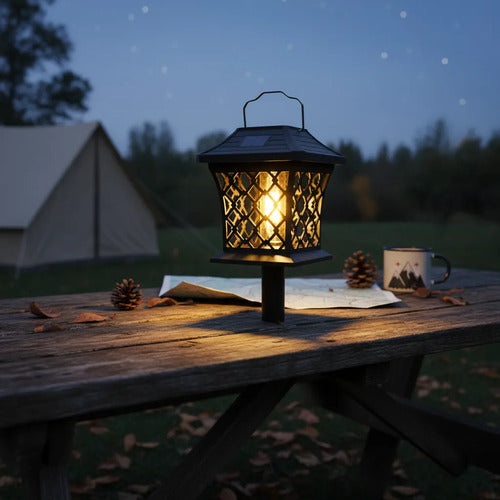 Farol Led Solar Recargable Exterior Colgante Base O Suelo Negro
