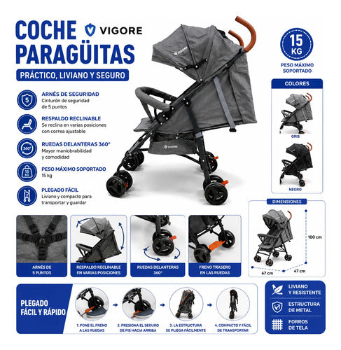 Coches Paragüitas Bebé Plegable Reclinable Arnés 5 Puntos Negro