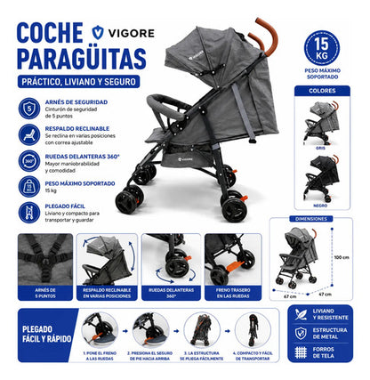 Coches Paragüitas Bebé Plegable Reclinable Arnés 5 Puntos Negro