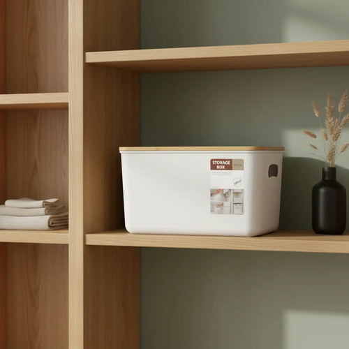 Contenedor Caja Organizadora Plastica Tapa Madera 25.5cm Pp Blanco