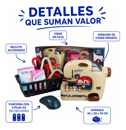 Máquina De Coser Infantil Con Accesorios 3 Pilas Aa 42cm Beige