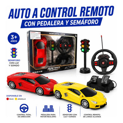 Auto Rc Volante Pedalera Escala 1:16 Semáforo Luz Sonido Rojo