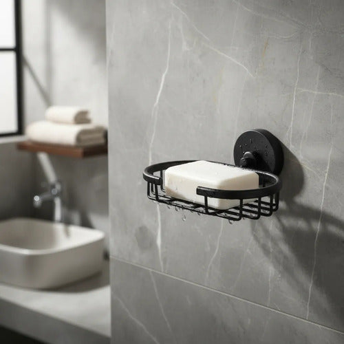 Porta Jabón Baño Pared Zinc Rejilla Ovalada Jabonera 15x12cm Negro