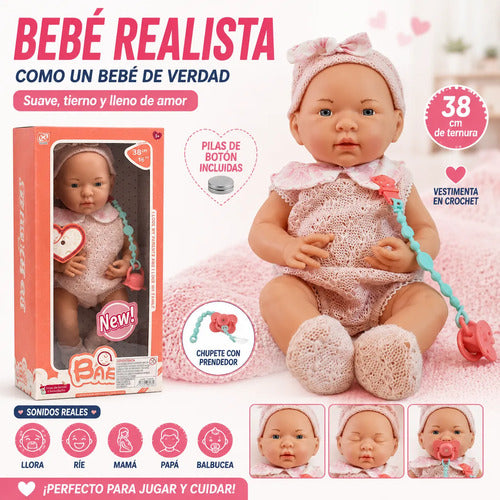 Muñeco Bebé Realista 38cm Chupete Sonidos Vestimenta Crochet
