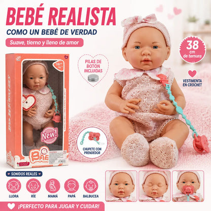 Muñeco Bebé Realista 38cm Chupete Sonidos Vestimenta Crochet