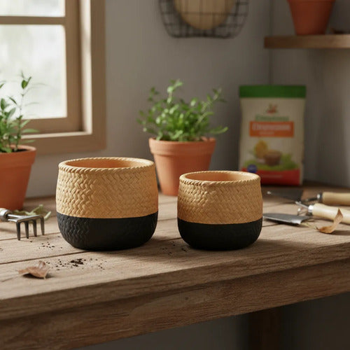 Maceta Cerámica Decorativa Labrada Diseño Yute 13cm Rústica Beige Con Negro