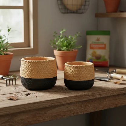 Maceta Cerámica Decorativa Labrada Diseño Yute 13cm Rústica Beige Con Negro