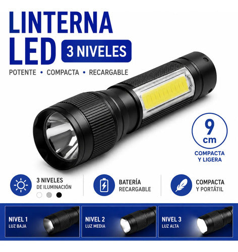 Linterna Portátil Led Recargable 3 Niveles Luz Lateral 9cm Blanco Negro