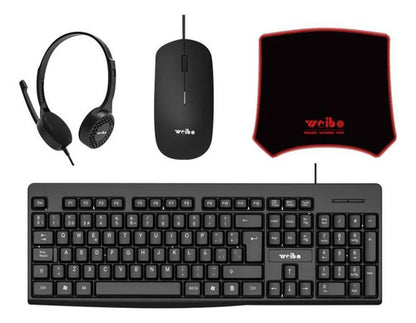 Combo Kit Oficina Teclado Mouse Auricular Mousepad Cableado Negro