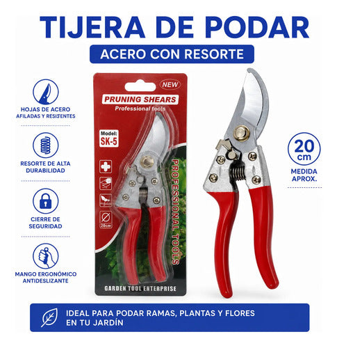Tijera Podar Plantas Jardinería Acero Resorte 20cm Blister Negro
