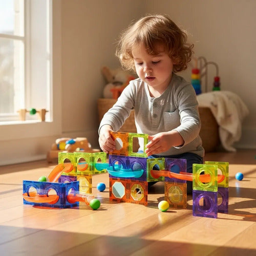 Juego Bloques Magnéticos Infantiles 49 Piezas Pista Bolitas 49