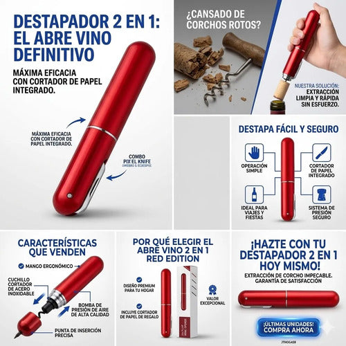 Abridor Botellas Vino Sacacorchos Presion Aire Corta Capsula Negro