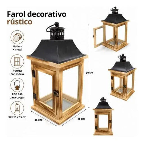 Farol Decorativo Rústico Portavelas Madera Metal 30x15x15cm Madera Natural Con Negro