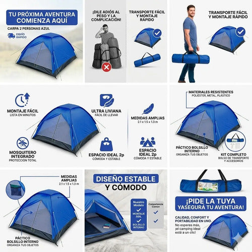 Carpa Iglu Camping Impermeable 2 Personas Bolso 2.1x1.5 M Azul