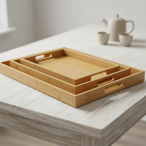 Set Kit Pack X3 Bandejas Madera Rectangulares Cocina Hogar Natural / Madera