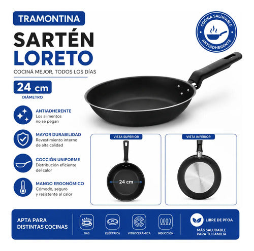 Sartén Antiadherente 24cm Cocina Mango Práctico Liviano Negro