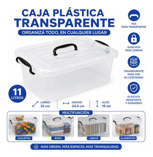 Caja Organizadora Plástica Transparente Tapa Asa 11l Juguete Blanco