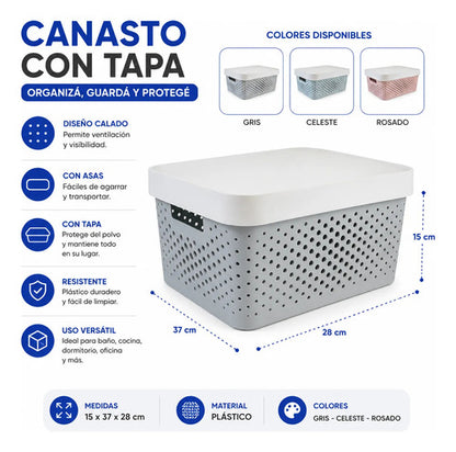 Canasto Plastico Calado Tapa Asas 37x28x15cm Organizador Rosa