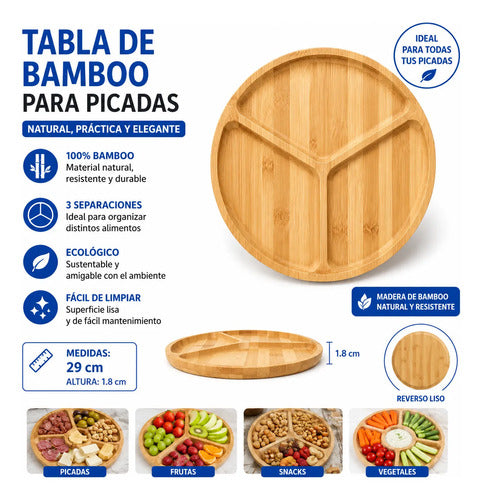 Tabla Bambú Bandeja Redonda Picadas 3 Divisiones 29cm Tabla Para Picadas Dividida