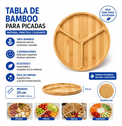 Tabla Bambú Bandeja Redonda Picadas 3 Divisiones 29cm Tabla Para Picadas Dividida