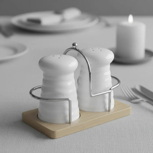 Set Salero Pimentero Porcelana Base Bambú Cerámica Soporte Blanco Y Madera Natural