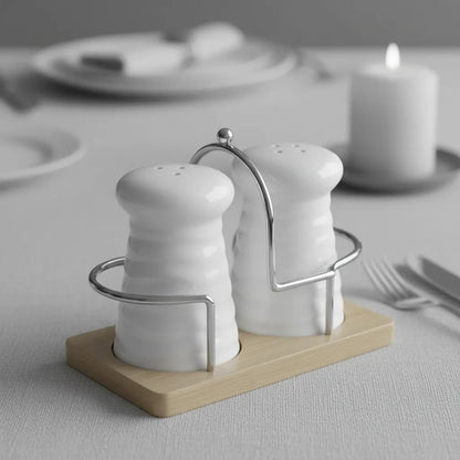 Set Salero Pimentero Porcelana Base Bambú Cerámica Soporte Blanco Y Madera Natural