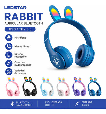 Auricular Infantil Bluetooth Rabbit Tf Mic Vincha Ajustable Negro