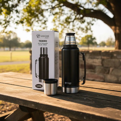 Termo Acero Inoxidable Doble 1200ml Hermético Asa Plegable Negro