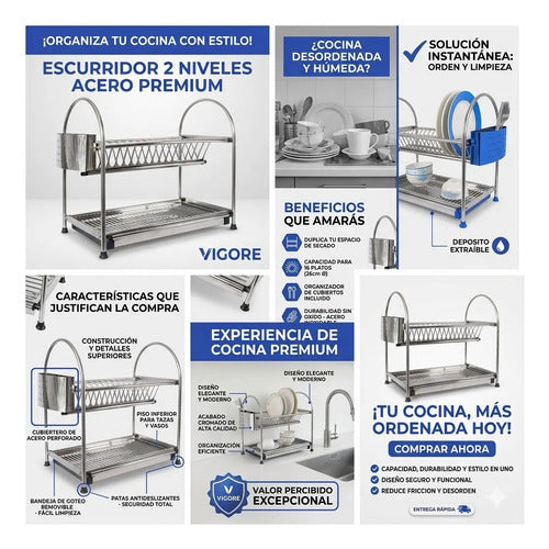 Escurridor Secaplato Acero Inoxidable Dos Niveles 47cm Plateado