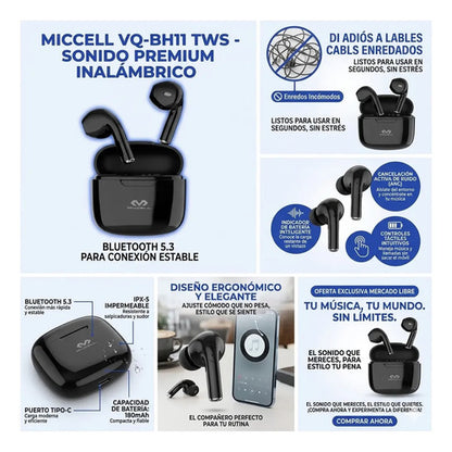 Auriculares Inalambricos Bluetooth 5.3 Ios Android Tws Audio Negro