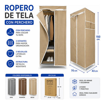 Ropero Guardarropas Organizador De Tela Percheros Estante Marrón