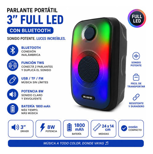 Parlante Bluetooth Portátil 3'' Full Led Tws Usb Tf Fm Rgb Negro