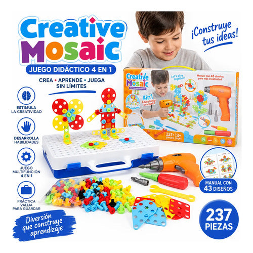 Kit Juego Mosaico Infantil 4 En 1 Valija 237 Piezas Taladro 237