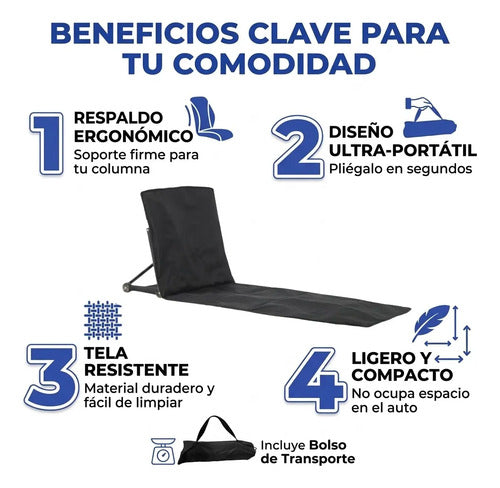 Silla Plegable Playa Camping Respaldo Bolso Portatil 100cm Negro