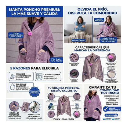Poncho Manta Corderito Bolsillo 170x65cm Abrigo Frio 450gr Rosa Liso U