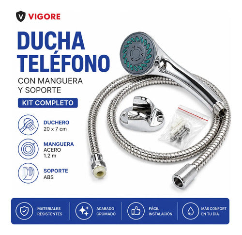 Kit Set Duchero Flexible Manguera Soporte Universal Teléfono Plateado