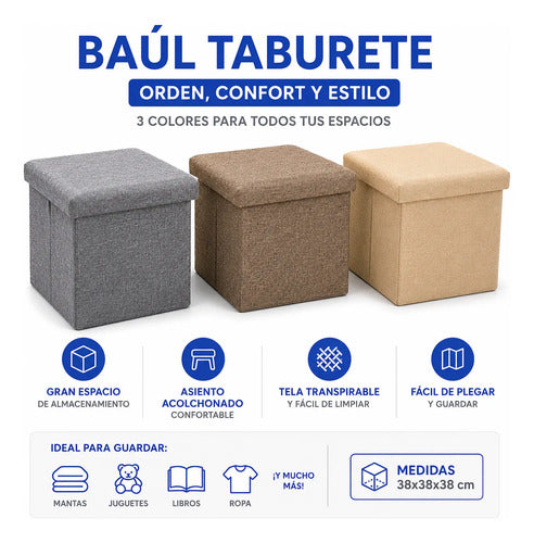 Puff Organizador Baul Taburete Plegable Tapa Acolchada 38cm Gris Liso