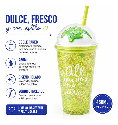 Vaso Acrílico Doble Pared Sorbito 450ml Helado Tapa Verde