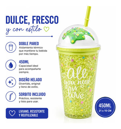 Vaso Acrílico Doble Pared Sorbito 450ml Helado Tapa Verde