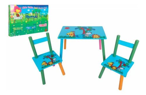 Set Mesa Infantil 2 Sillas Madera Fácil Armado Para Niños Celeste