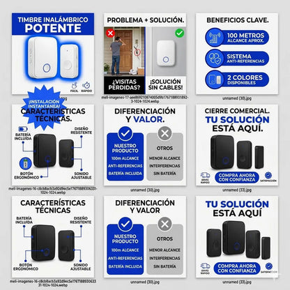 Timbre Inalambrico Bateria Alcance 100m Anti-interferencia 2 Colores Segun Stock