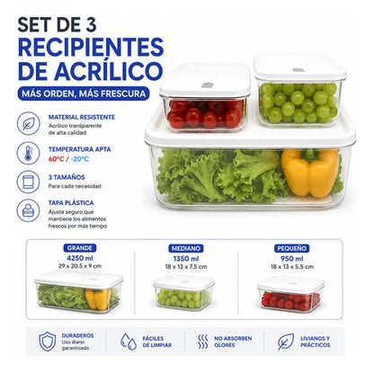 Set Recipientes Acrilicos Cocina Tapa Pack X3 Frasco Blanco