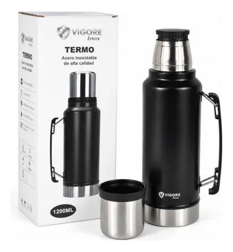 Termo Acero Inoxidable Doble 1200ml Hermético Asa Plegable Negro