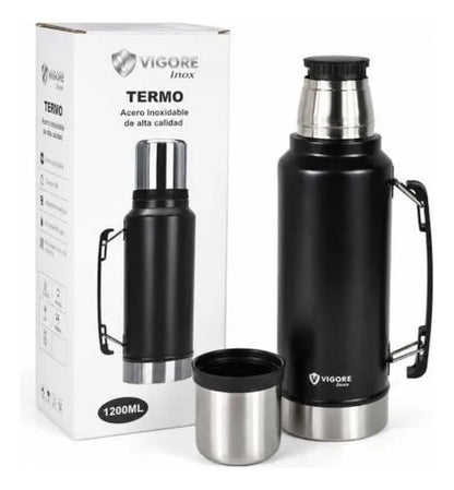 Termo Acero Inoxidable Doble 1200ml Hermético Asa Plegable Negro