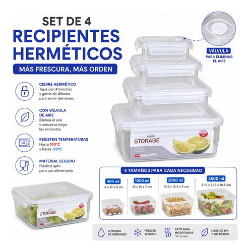 Set Recipientes Hermeticos Plasticos X4 Cocina Blanco