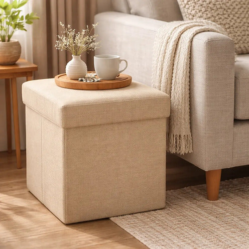 Puff Organizador Baul Taburete Plegable Tapa Acolchada 38cm Beige Liso