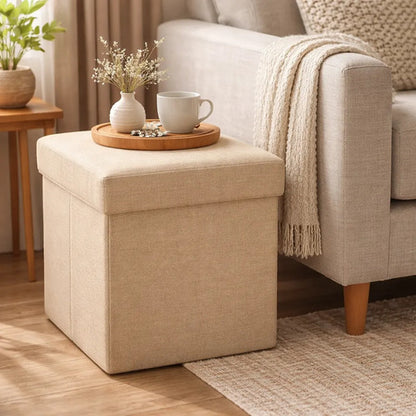 Puff Organizador Baul Taburete Plegable Tapa Acolchada 38cm Beige Liso
