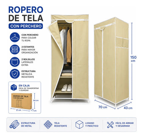 Ropero Guardarropas Organizador De Tela Percheros Estante Beige
