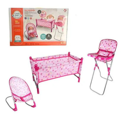 Set 3 En 1 Cuna Silla Alta Mecedora Para Muñecas Plegable Rosa